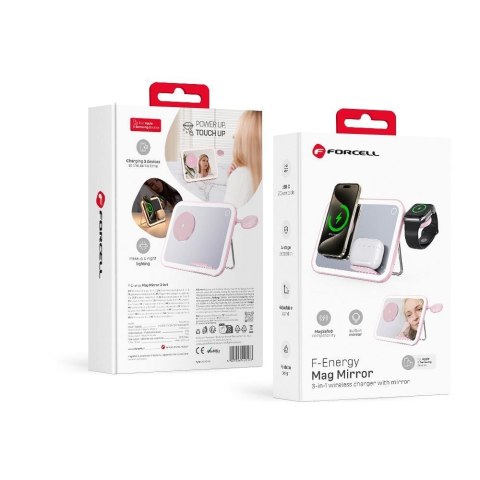 Forcell F-ENERGY Mag Mirror 3 in 1 15W ładowarka indukcyjna z kompatybilna z MagSafe / Apple Watch / Samsung Watch / Airpods róż