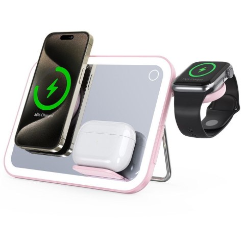 Forcell F-ENERGY Mag Mirror 3 in 1 15W ładowarka indukcyjna z kompatybilna z MagSafe / Apple Watch / Samsung Watch / Airpods róż