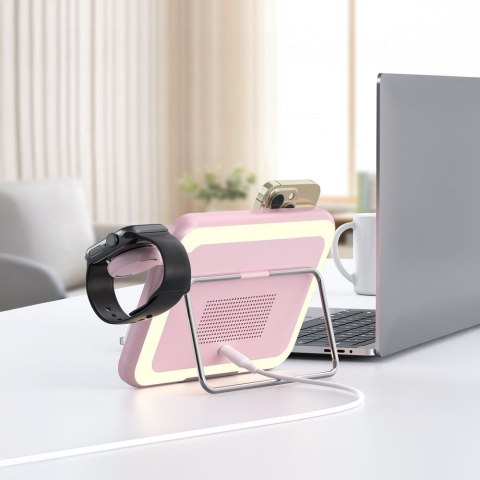 Forcell F-ENERGY Mag Mirror 3 in 1 15W ładowarka indukcyjna z kompatybilna z MagSafe / Apple Watch / Samsung Watch / Airpods róż