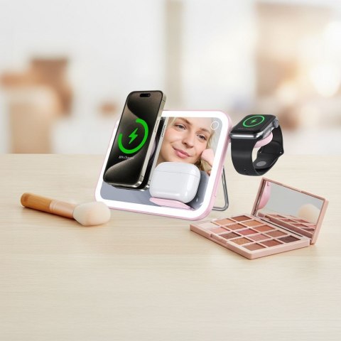 Forcell F-ENERGY Mag Mirror 3 in 1 15W ładowarka indukcyjna z kompatybilna z MagSafe / Apple Watch / Samsung Watch / Airpods róż