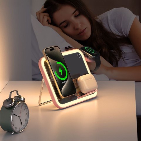 Forcell F-ENERGY Mag Mirror 3 in 1 15W ładowarka indukcyjna z kompatybilna z MagSafe / Apple Watch / Samsung Watch / Airpods róż