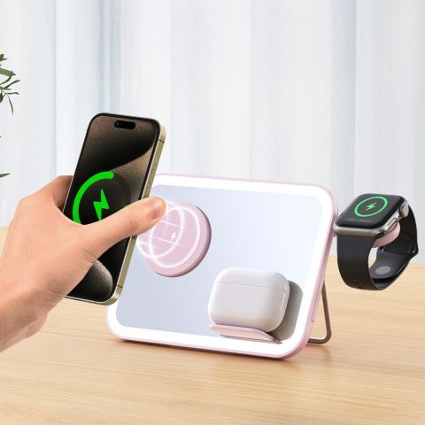 Forcell F-ENERGY Mag Mirror 3 in 1 15W ładowarka indukcyjna z kompatybilna z MagSafe / Apple Watch / Samsung Watch / Airpods róż