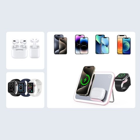 Forcell F-ENERGY Mag Mirror 3 in 1 15W ładowarka indukcyjna z kompatybilna z MagSafe / Apple Watch / Samsung Watch / Airpods róż