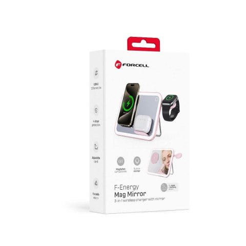 Forcell F-ENERGY Mag Mirror 3 in 1 15W ładowarka indukcyjna z kompatybilna z MagSafe / Apple Watch / Samsung Watch / Airpods róż