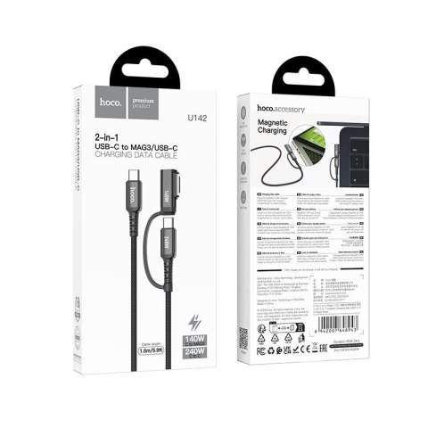 Kabel 2w1 USB C do USB C / Mag3 Hoco 240W 1,8 m U142 czarny