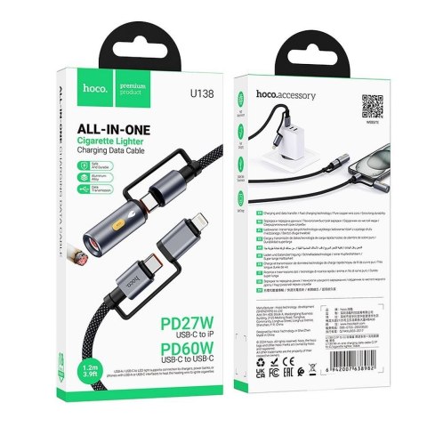 Kabel All-in-one USB C / Lightning do USB C / Zapalniczka samochodowa Hoco PD 3A 60W 1,2 m U138 1,2 m szary