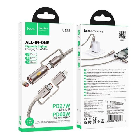 Kabel All-in-one USB C / Lightning do USB C / Zapalniczka samochodowa Hoco PD 3A 60W 1,2 m U138 czarny