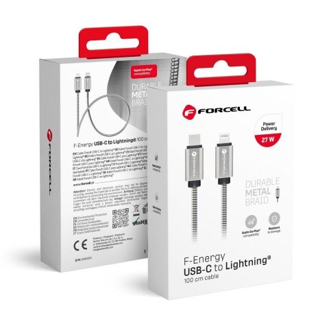 Kabel USB C do Lightning Forcell F-Energy PD 3A 27W Metal 1 m C238 srebrny