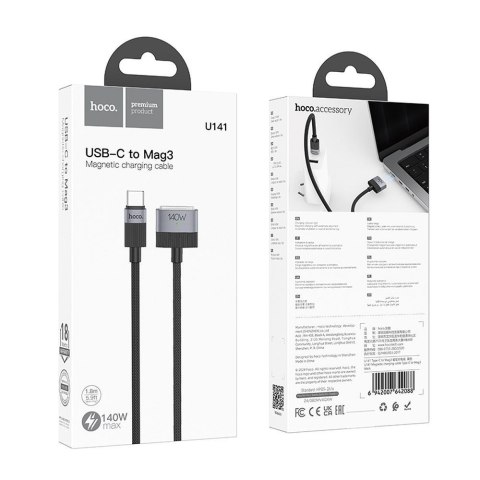 Kabel USB C do Mag3 Hoco 5A 140W magnetyczny 1,8 m U141 czarny