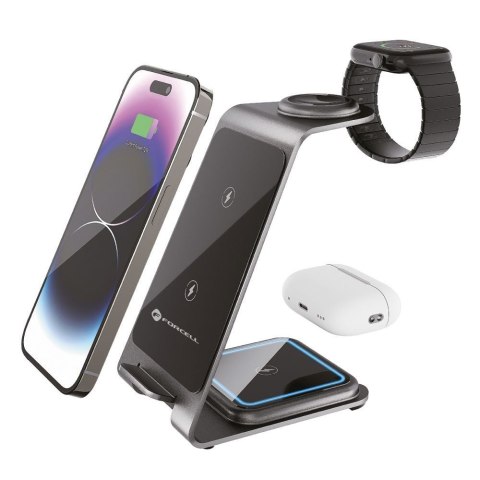 Ładowarka indukcyjna Forcell F-Energy 3w1 Simply Charge aluminiowa kompatybilna z Apple Watch i Samsung Watch szara