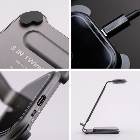 Ładowarka indukcyjna Forcell F-Energy 3w1 Simply Charge aluminiowa kompatybilna z Apple Watch i Samsung Watch szara