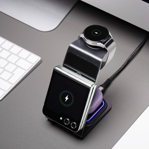 Ładowarka indukcyjna Forcell F-Energy 3w1 Simply Charge aluminiowa kompatybilna z Apple Watch i Samsung Watch szara