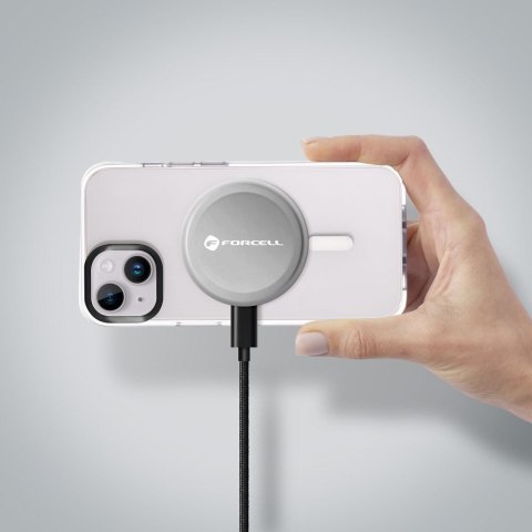 Ładowarka indukcyjna Forcell F-Energy Smart Charge USB C Qi2 15W zgodna z MagSafe z odpinanym kablem 1,5 m srebrna