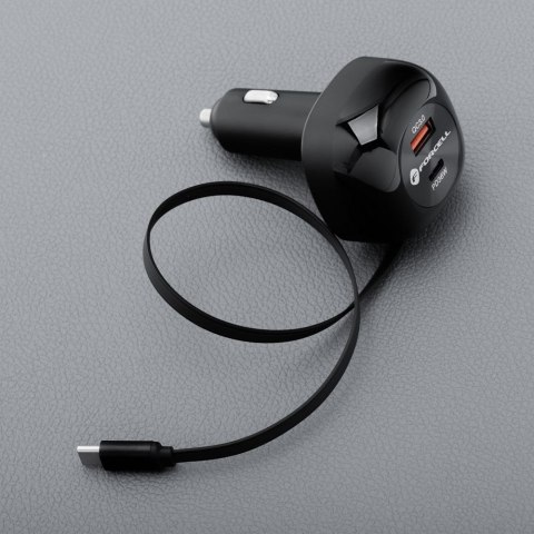 Ładowarka samochodowa Forcell F-Energy Alu USB C + USB A + zwijany kabel USB C PD QC4.0 SFC2.0 3A 75W czarna