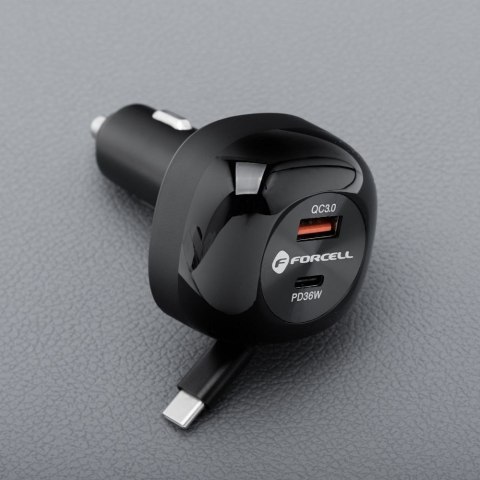 Ładowarka samochodowa Forcell F-Energy Alu USB C + USB A + zwijany kabel USB C PD QC4.0 SFC2.0 3A 75W czarna