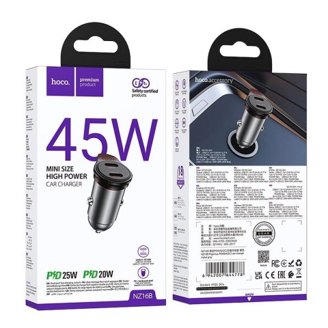 Ładowarka samochodowa Hoco 2 x USB C QC PD 45W NZ16B szara