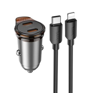 Ładowarka samochodowa Hoco 2 x USB C QC PD 45W + kabel USB C do Lightnning NZ16B szara