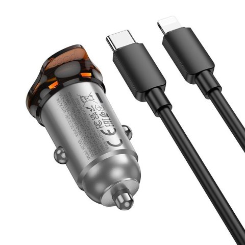 Ładowarka samochodowa Hoco 2 x USB C QC PD 45W + kabel USB C do Lightnning NZ16B szara
