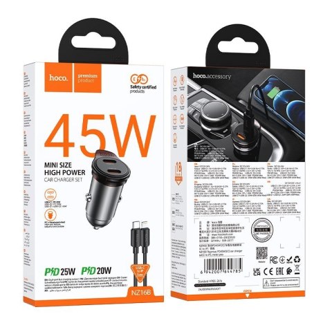 Ładowarka samochodowa Hoco 2 x USB C QC PD 45W + kabel USB C do Lightnning NZ16B szara