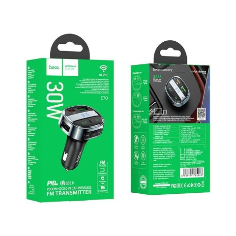 Ładowarka samochodowa Hoco USB A + USB C PD QC3.0 5A 30W z wyświetlaczem + transmiter FM BT E70 czarny