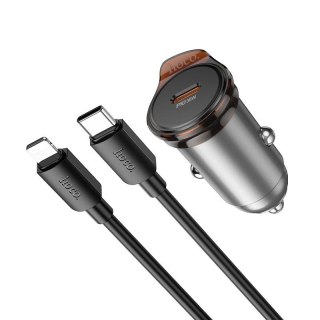 Ładowarka samochodowa Hoco USB C QC PD 30W + kabel USB C do Lightning NZ16 szara