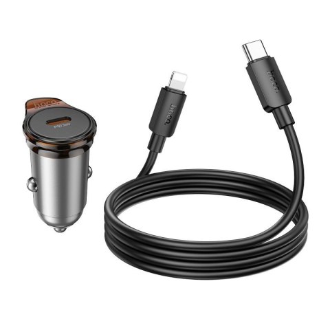 Ładowarka samochodowa Hoco USB C QC PD 30W + kabel USB C do Lightning NZ16 szara
