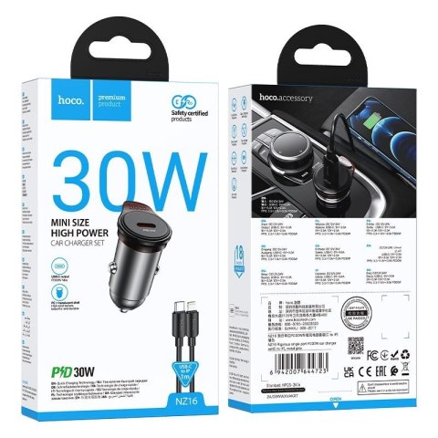 Ładowarka samochodowa Hoco USB C QC PD 30W + kabel USB C do Lightning NZ16 szara
