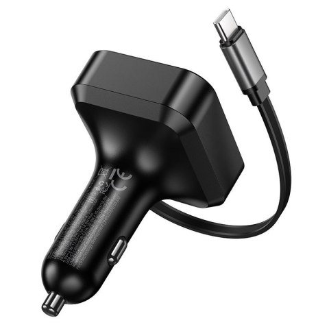 Ładowarka samochodowa Hoco ze zwijanym kablem 2 x USB C + USB A QC PD 65W NZ18 czarna