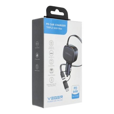 Ładowarka samochodowa VEGER USB C + kabel USB C / Lightning QC PD 84W CC89 czarna