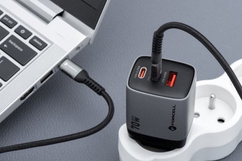 Ładowarka sieciowa do telefonu Forcell F-Energy GaN III 2 x USB C + USB A QC4.0 3,45A PD 70W SAM SFC2.0 z wyświetlaczem LCD VT-3