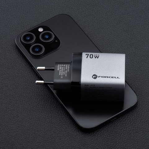 Ładowarka sieciowa do telefonu Forcell F-Energy GaN III 2 x USB C + USB A QC4.0 3,45A PD 70W SAM SFC2.0 z wyświetlaczem LCD VT-3