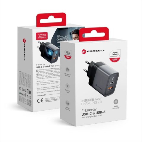 Ładowarka sieciowa do telefonu Forcell F-Energy GaN USB C + USB A QC4.0 PD 4A 45W VT-39 szara