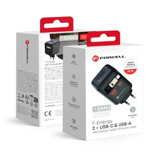 Ładowarka sieciowa do telefonu Forcell F-Energy GaN USB C + USB A + zwijany kabel USB C PD QC4.0 3A 70W VT-R7 szara