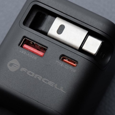 Ładowarka sieciowa do telefonu Forcell F-Energy GaN USB C + USB A + zwijany kabel USB C PD QC4.0 3A 70W VT-R7 szara