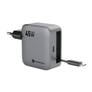 Ładowarka sieciowa do telefonu Forcell F-Energy GaN USB C + zwijany kabel USB C PD QC4.0 3A 45W VT-R5 szara