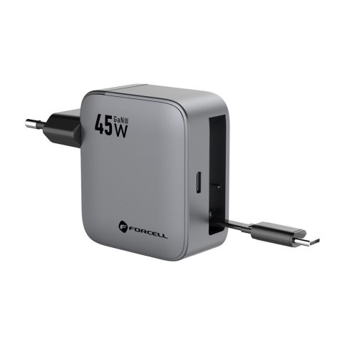 Ładowarka sieciowa do telefonu Forcell F-Energy GaN USB C + zwijany kabel USB C PD QC4.0 3A 45W VT-R5 szara