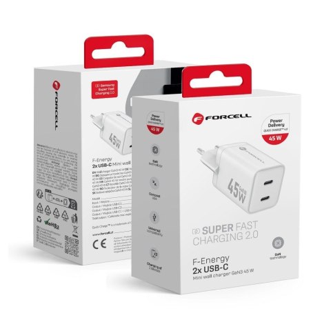Ładowarka sieciowa do telefonu Forcell F-Energy Mini GaN III 2 x USB C PD QC4.0 45W VT-36B biała