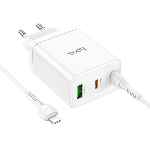 Ładowarka sieciowa do telefonu Hoco 2 x USB C + USB A QC3.0 PD 3A 35W + kabel USB C do Lightning N33 biała