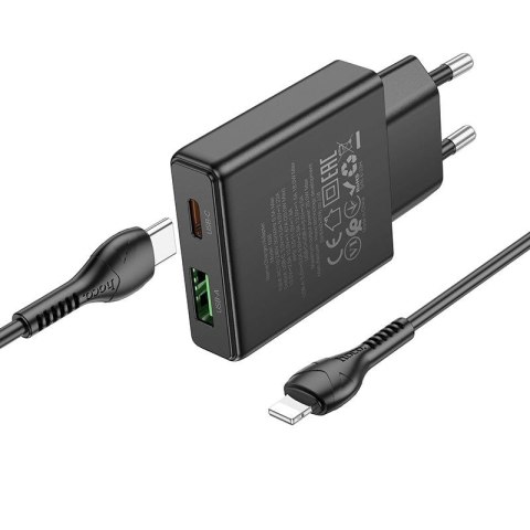 Ładowarka sieciowa do telefonu Hoco Slim USB A + USB C QC3.0 PD 3A 20W + kabel USB C do Lightning N38 czarna
