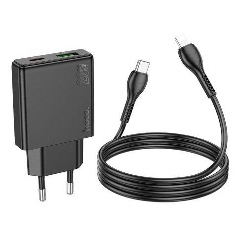 Ładowarka sieciowa do telefonu Hoco Slim USB A + USB C QC3.0 PD 3A 20W + kabel USB C do Lightning N38 czarna
