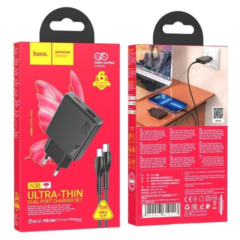 Ładowarka sieciowa do telefonu Hoco Slim USB A + USB C QC3.0 PD 3A 20W + kabel USB C do Lightning N38 czarna