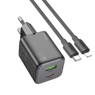 Ładowarka sieciowa do telefonu Hoco USB A + USB C QC PD 3A 20W + kabel USB C do Lightning N41 czarna