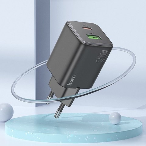 Ładowarka sieciowa do telefonu Hoco USB A + USB C QC PD 3A 20W + kabel USB C do Lightning N41 czarna