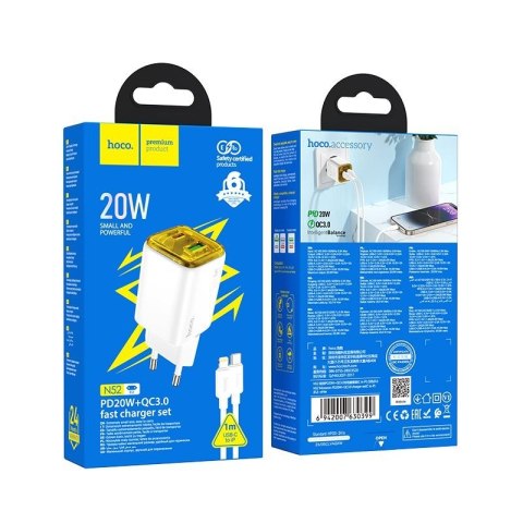 Ładowarka sieciowa do telefonu Hoco USB A + USB C QC3.0 PD 3A 20W + kabel USB C do Lightning N52 biała