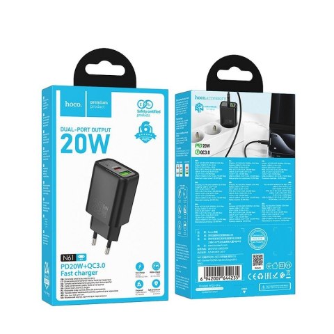 Ładowarka sieciowa do telefonu Hoco USB A + USB C QC3.0 PD 3A 20W N61 czarna