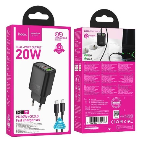 Ładowarka sieciowa do telefonu Hoco USB A + USB C QC3.0 PD 3A 20W + kabel USB C do USB C N61 czarna