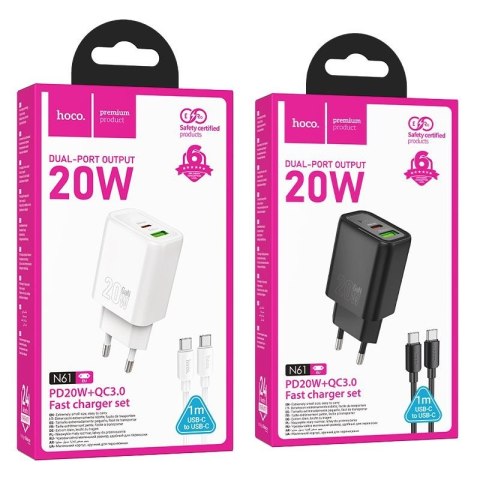 Ładowarka sieciowa do telefonu Hoco USB A + USB C QC3.0 PD 3A 20W + kabel USB C do USB C N61 czarna