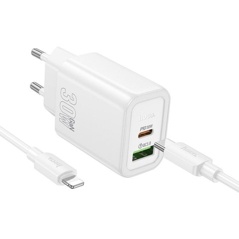Ładowarka sieciowa do telefonu Hoco USB A + USB C QC3.0 PD 3A 30W + kabel USB C do Lightning N63 biała