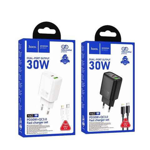 Ładowarka sieciowa do telefonu Hoco USB A + USB C QC3.0 PD 3A 30W + kabel USB C do Lightning N63 biała