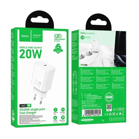 Ładowarka sieciowa do telefonu Hoco USB C QC PD 20W N60 biała